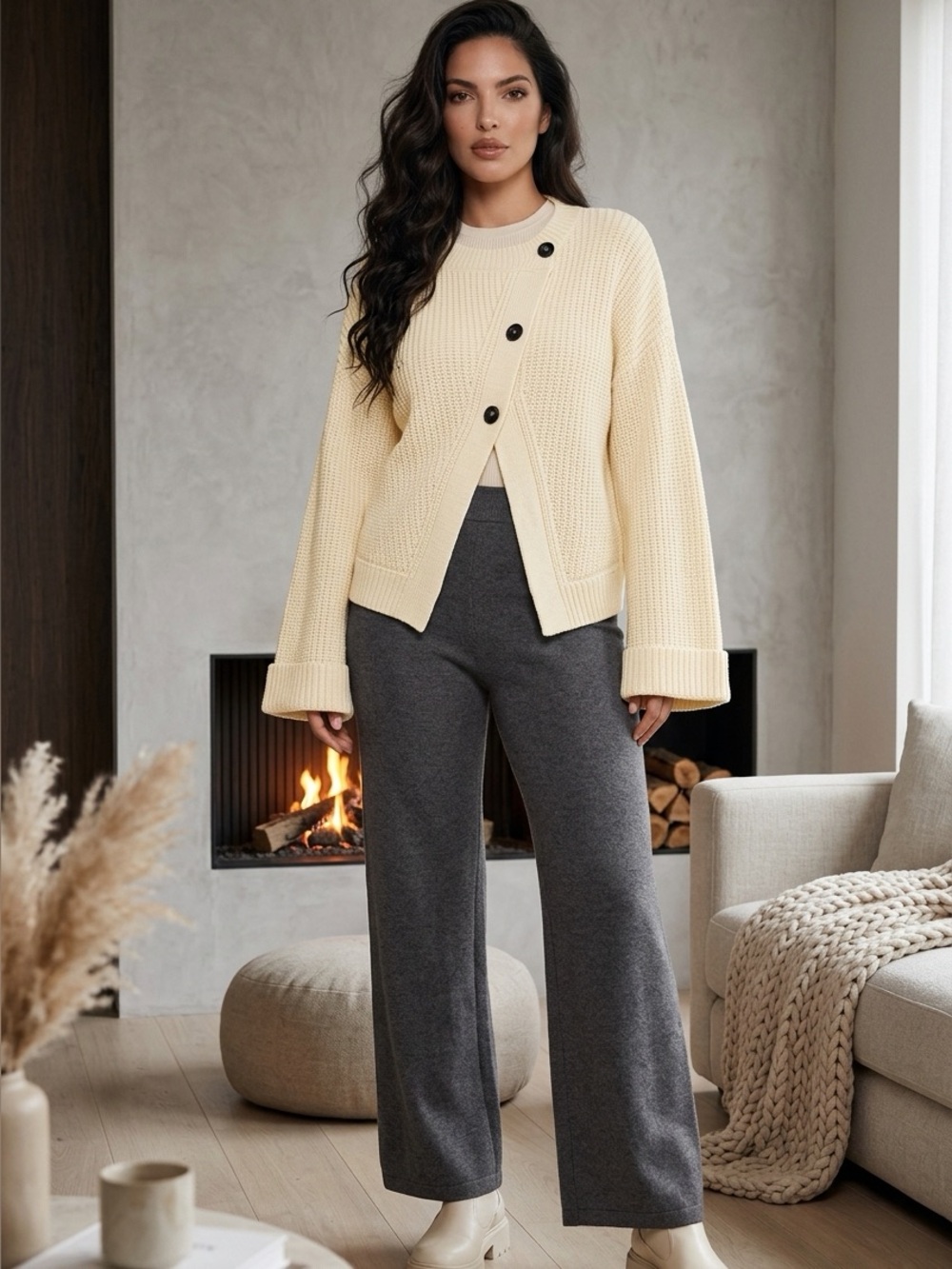 NWOT Cream Asymmetric Offset Button Ribbed Knit Cardigan Women’s XL